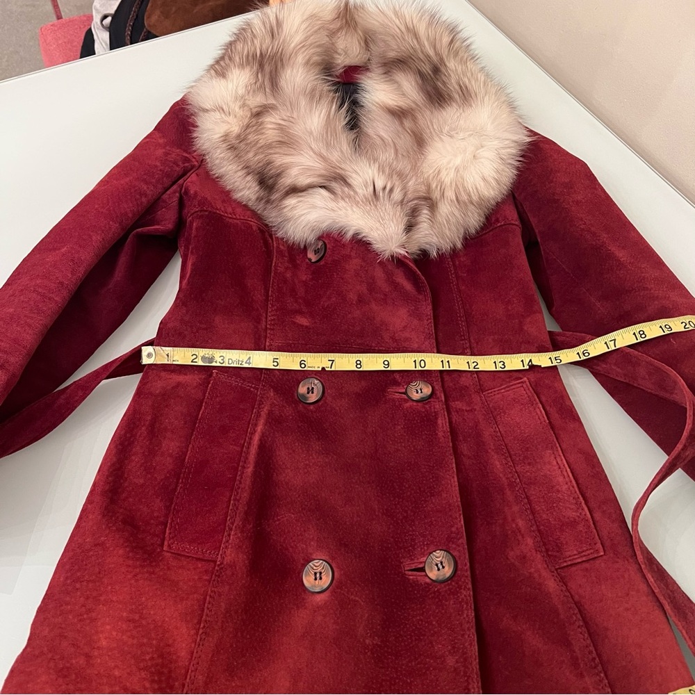SIMPSONS Penny Lane Genuine Suede Leather Coat Real Fur Collar Belted Long Coat - Picture 12 of 16